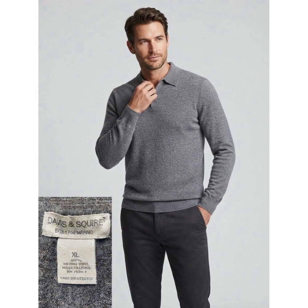 Davis & Squire Mens XL Sweater Gray Merino Wool Long Sleeve Polo Button Golf